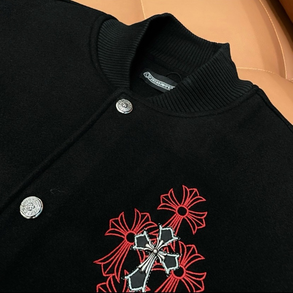 Chrome Hearts Black Leather-Sleeve Varsity Jacket with Red Embroidered Crest - Picture 2 of 7